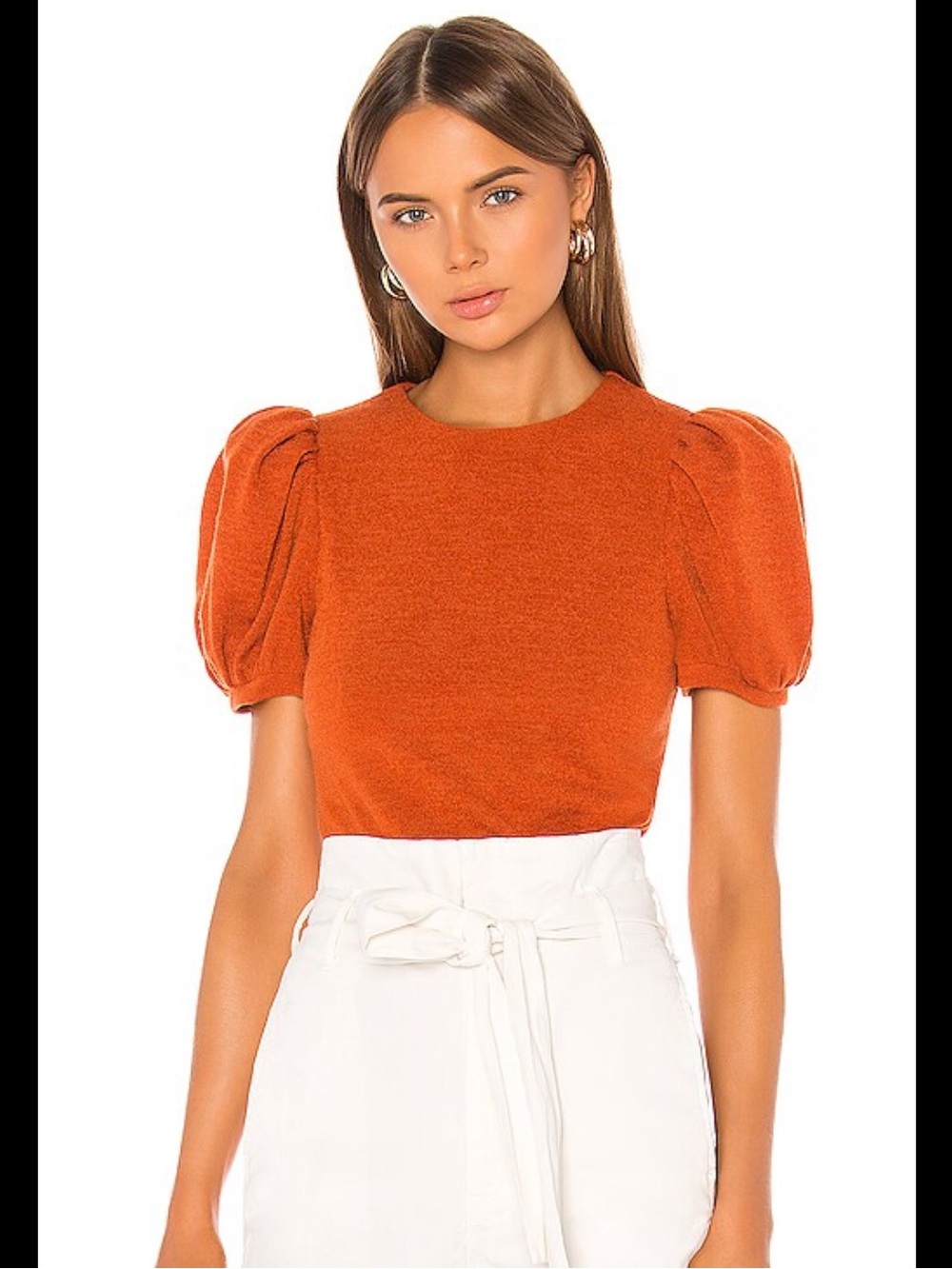 Petersyn Short Puff Sleeve Crewneck Top in Copper Orange